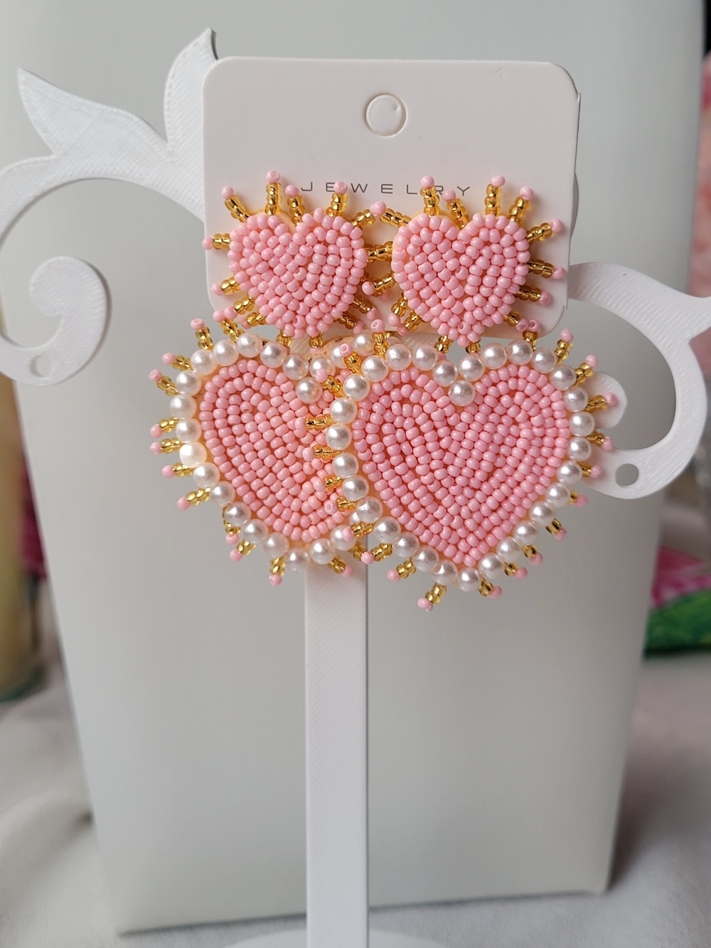 Pink Beaded Heart Drop Earrings